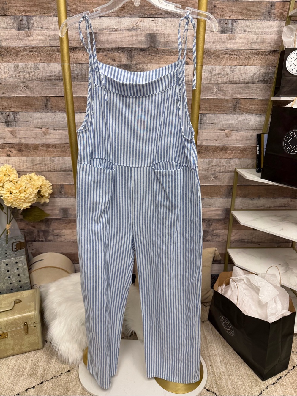 Blue & White Striped Overall Style Cotton Jumpsuit M